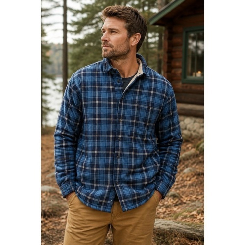 L.L. Bean Fleece Lined Plaid Shirt Jacket Men's XL Cotton Flannel Blue
